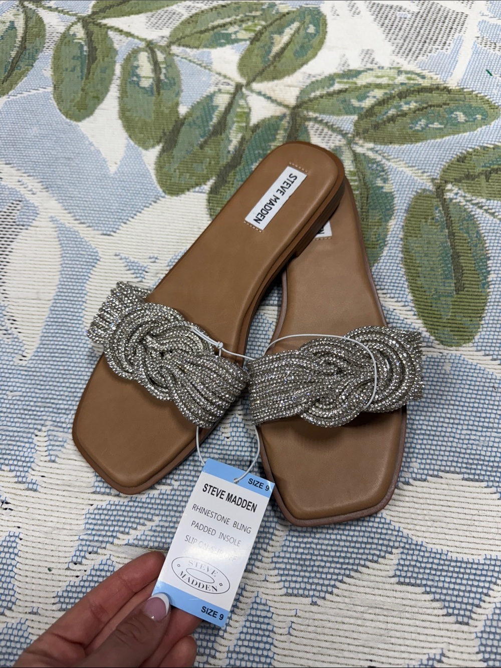 Steve Madden Tan Slide Sandals with Silver Rhinestone Knot